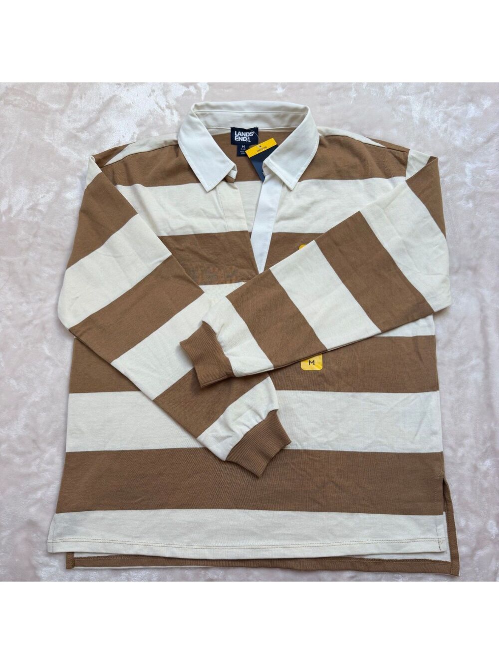 Lands' End Rugby Top Striped Long Sleeve Polo Collar Tan Cream Size M NWT
